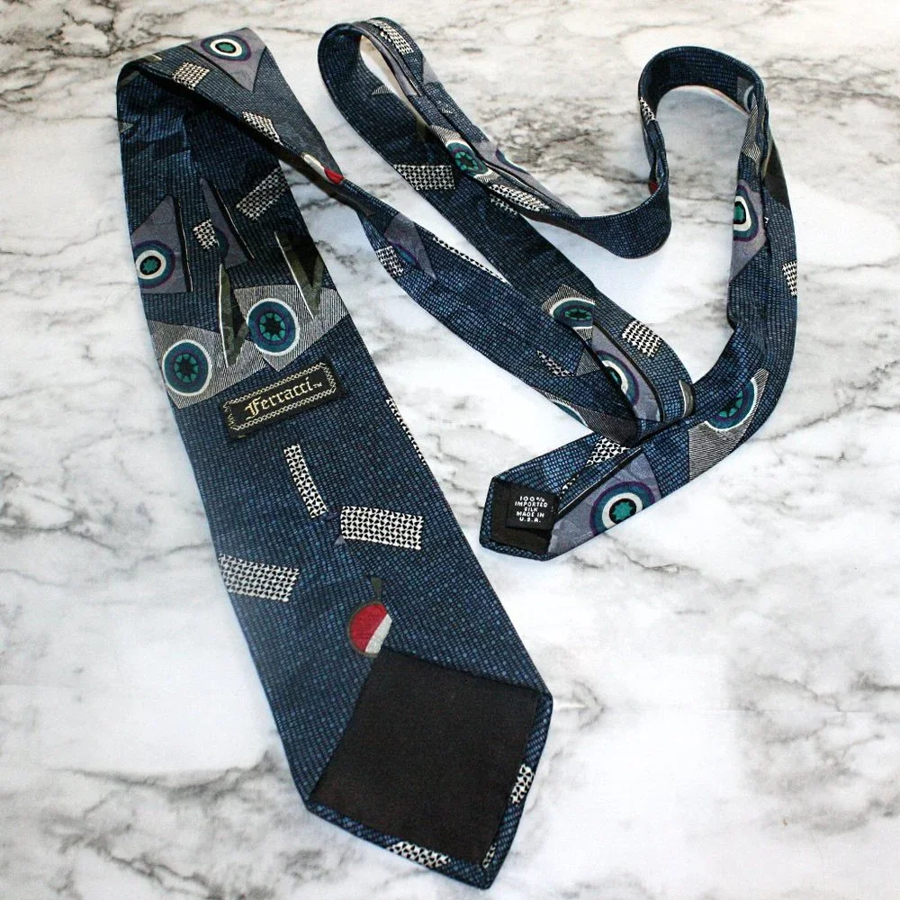 FERRACCI Neck Tie Retro Abstract Colorful Silk Blue Geometric Necktie Accessory